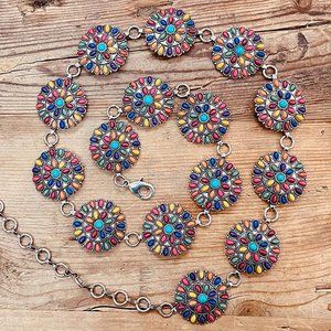 Turquoise Multi Natural Stone Antique Metal Squash Blossom Boho Westen Link Belt
